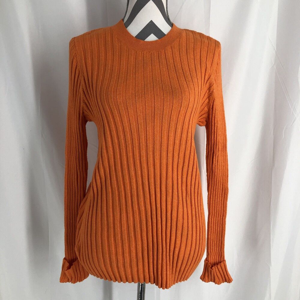 LOFT Orange Crew Neck Ribbed L/S Sweater Fitted Stretch Cuffed XL